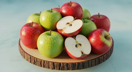 Fresh red and green apples on a rustic wooden board, with two halves