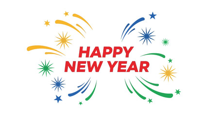 Happy New Year Celebration with Colorful Fireworks and Stars.