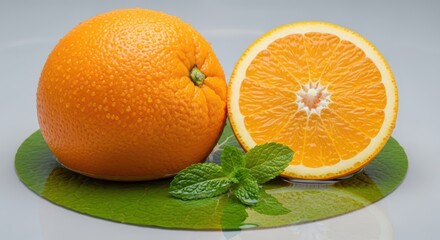Fresh whole and half orange with mint leaves on a green coaster