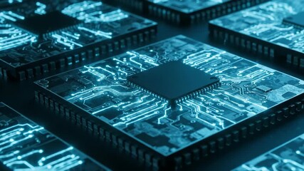 Microchip processing data with blue glowing circuits and digital electricity flow. Future technology concept for artificial intelligence. - Powered by Adobe