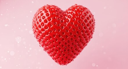 Heartshaped strawberry on a soft pink background with bokeh