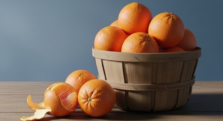 Fresh oranges in a rustic basket with some peeled on a table
