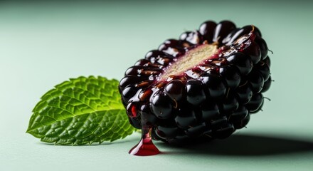 A halved blackberry with juice dripping, next to a fresh mint leaf