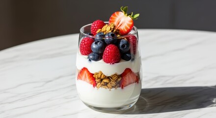 Delicious yogurt parfait with fresh berries and granola in glass