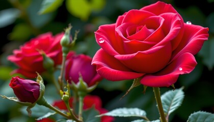 Obraz premium Vivid Red Rose with Water Droplets Soft Focus