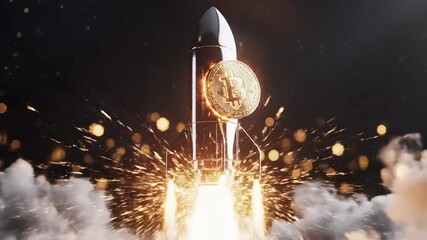 Bitcoin cryptocurrency soaring to new heights on a rocket ship symbolizing financial growth and investment opportunities in the digital currency market with a bright future ahead - Powered by Adobe