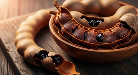 Closeup of tamarind pods with pulp on a wooden board
