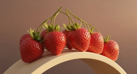 Fresh ripe strawberries with green stems on a curved surface