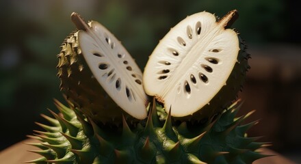 Soursop fruit cut in half, revealing white flesh and seeds
