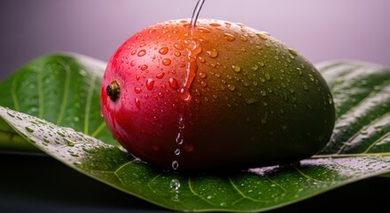 Fresh mango with water droplets on a green leaf