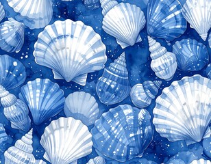 Elegant watercolor seamless pattern featuring blue and white seashells in an arrangement