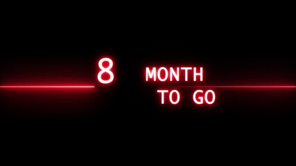 Neon 16 month to go animation. Neon counter number.  Neon counting from 0 to 16-month animation. Neon counting month on black background.