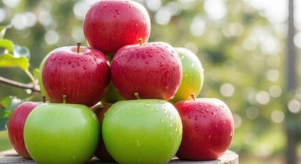 Stack of fresh red and green apples with water droplets outdoors