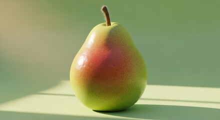 A single ripe pear with green and red hues on a light green background