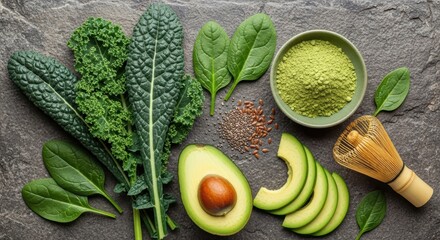 Assortment of healthy green foods and matcha powder on stone