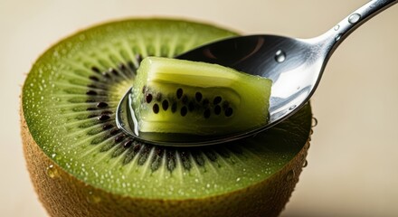 Closeup of a kiwi fruit with a spoon scooping out a piece