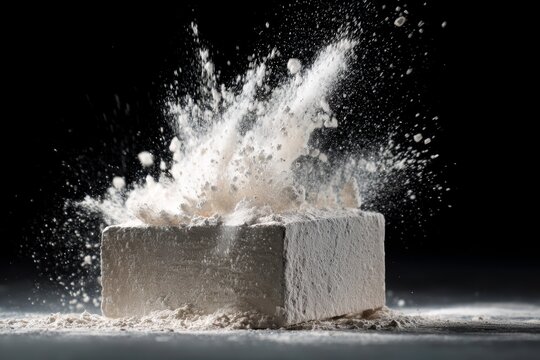 High detail macro view of a chalk block bursting into powder with particles suspended mid air