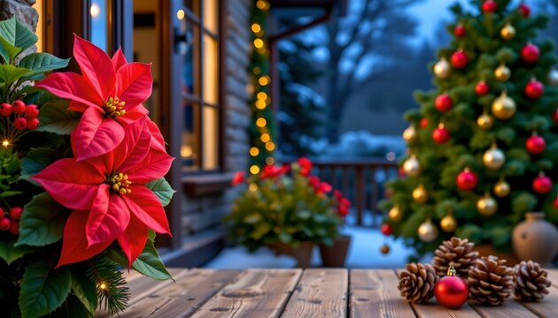 Festive Holiday Scene with Poinsettias and Pine Cones Night - Powered by Adobe