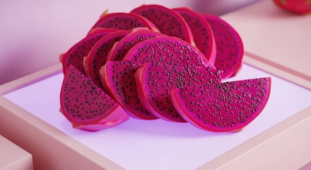 Bright pink dragon fruit slices arranged on a modern white surface