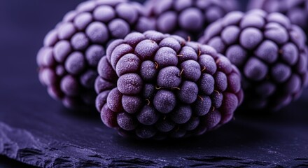 Closeup of frosty frozen blackberries on a dark slate surface