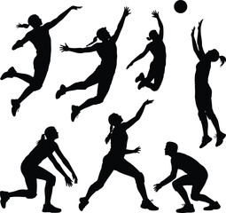 Energetic Female Volleyball Player Silhouettes Collection Showing Diverse Athletic Jumps, Serves, Spikes, and Defensive Blocks, Perfect for Sports, Women's Fitness, and Team