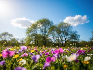 Beautiful meadow with colorful flowers blooming in springtime on a sunny day