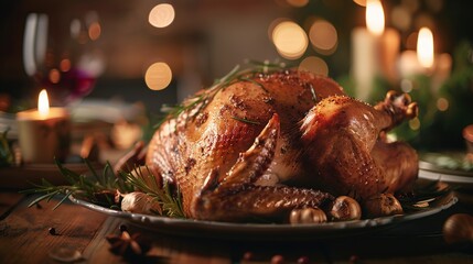 Holiday dinner scene with roasted turkey seasoned with herbs and garlic