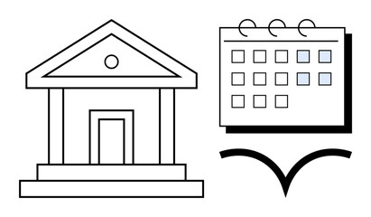 Building fa ade next to calendar and book page ideal for government, law, finance, organization, scheduling, planning, regulation, simple flat metaphor