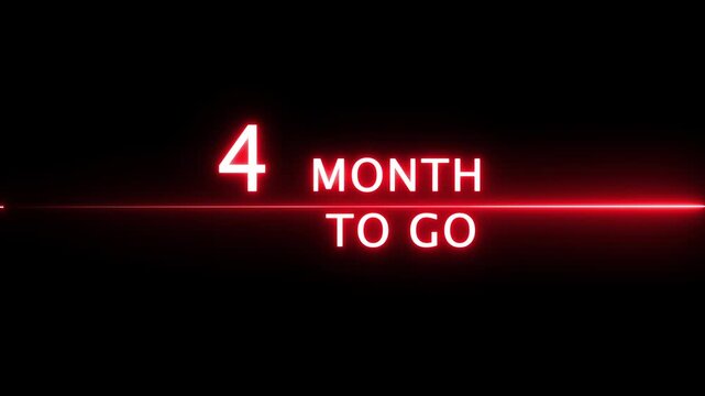 Neon 4 month to go animation. Neon counter number.  Neon counting 4-month number animation. Neon counting month on black background.