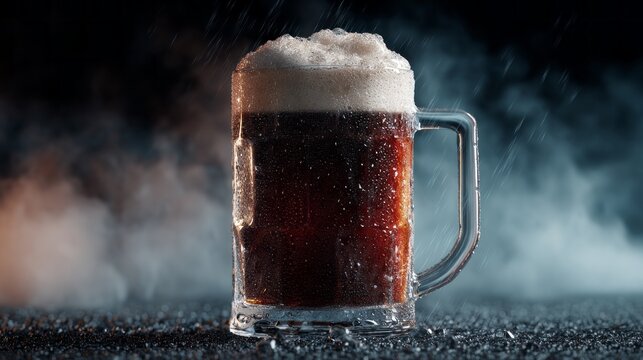 A frosty mug filled with dark, bubbly beer sits on a slick bar counter, while soft mist curls in the air, creating a moody and inviting atmosphere perfect for relaxation