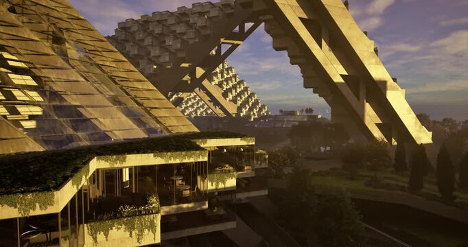 Dynamic modern architecture fills the view, with geometric shapes and verdant terraces. Sunlight reflects off glass facades, blending nature with urban design in this futuristic setting.
