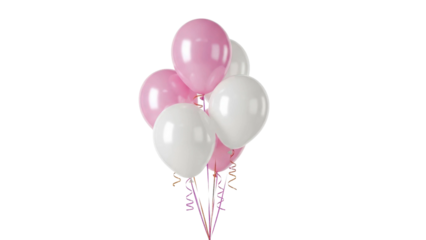 Pink and white balloons tied with ribbons