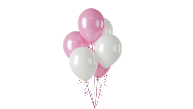 Pink and white balloons tied with ribbons