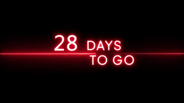 Neon 56 days to go animation. Neon counter number.  Neon counting from 0 to 56 days animation. Neon counting days on black background.