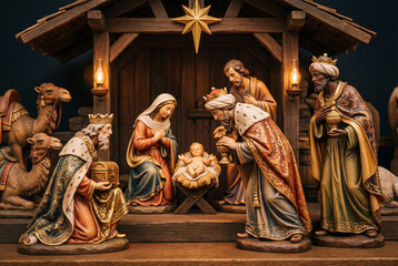 A traditional Christmas nativity scene with figurines of Mary, Joseph, baby Jesus in a manger, and the three wise men, set in a wooden stable.