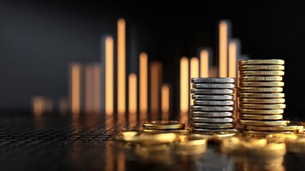 Golden Stacks and Rising Trends: A symbolic depiction of financial growth, stacks of gold and silver coins are juxtaposed against a backdrop of ascending bar graphs.