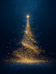 Shimmering golden particle Christmas tree with sparkling light effect on deep blue background, modern minimalist holiday 