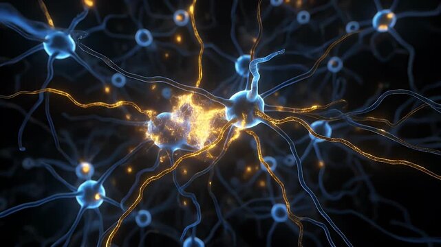 Blue neurons firing with electrical impulses in human brain, 3D animation of nervous system network.