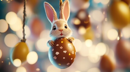 An animated bunny in an egg nest, surrounded by candy-coated eggs and glowing lights. A festive holiday scene for greeting cards or advertising.