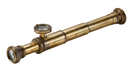 A close up shot of a brass telescope with a smaller lens attached lying on a black background