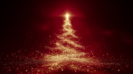 Shimmering golden particle Christmas tree with sparkling light effect on deep red background, modern minimalist holiday design