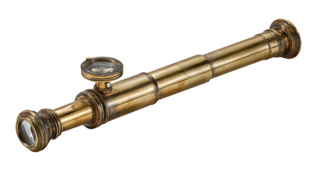 A close up shot of a brass telescope with a smaller lens attached lying on a black background