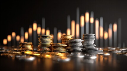 Financial Heights: A visual representation of financial growth with coins stacked in ascending order against a blurred backdrop of an upward-trending chart.