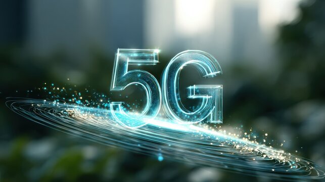 Glowing 5G letters with light and connectivity lines