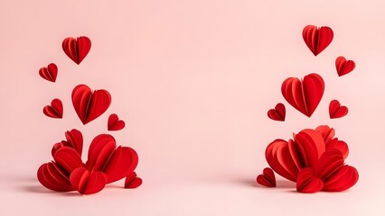 Red paper hearts on pink background for valentine s day celebration