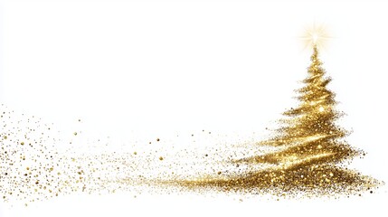 Shimmering golden particle Christmas tree with sparkling light effect on pure white background, modern minimalist holiday 