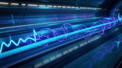 Futuristic heartbeat data flows through glowing blue tunnel in medical technology breakthrough - Powered by Adobe