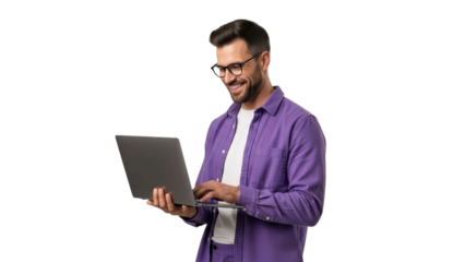 Happy man in purple shirt using laptop