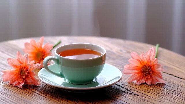 A teacup with tea and saucer sits on a wooden table, framed by three orange flowers