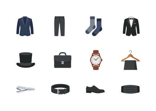 Flat Vector Men's Formal Attire Icons: Tuxedo, Suit, Trousers, Oxford Shoes, Briefcase, and Luxury Professional Accessories